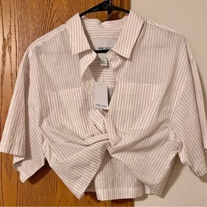 Nine West Bright White and Tan Striped Cropped Shirt